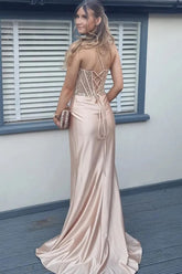 Mermaid Spaghetti Straps Beaded Corset Long Prom Dresses With Slit